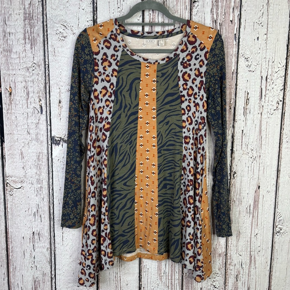 LOGO Lori Goldstein Mixed Animal Print Stretchy Tunic Top XXS 2XS Shark Bite Hem